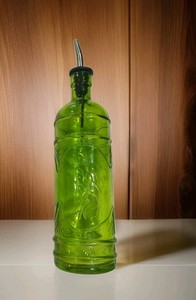 Unique Decorative Embossed Olive Green Glass Oil Bottle With Top Vtg Unmarked