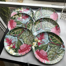 Nicole Miller Bright Tropical Flowers Pink Green Melamine Dinner Plates