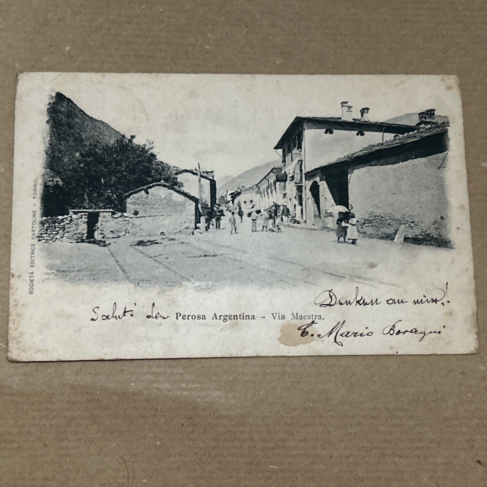 CARTOLINA DI PEROSA ARGENTINA (TO)-VIA MAESTRA-ANIMATA-1903