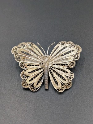 READ!!! Antique Vtg 900 Silver Butterfly Filigree Wings C-Clasp Pin Brooch 8.1g
