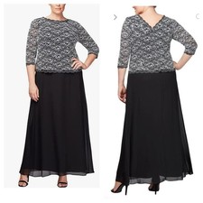 Alex Evenings Mock Two-Piece A-Line Gown with Scallop Sequin Lace Bodice Black