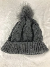 LOFT Hat Beanie Womens Gray Cable Knit Faux Fur Pom Pom Cuffed Ribbed Winter