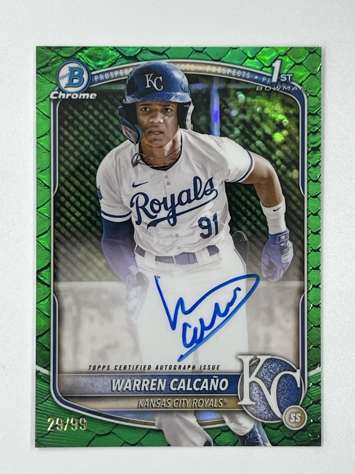 2025 Bowman Chrome Warren Calcano #CPA-WC Green Reptilian Refractor Auto /99