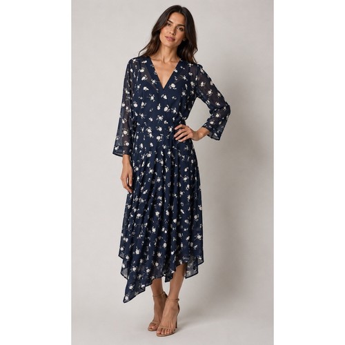 Cabi Pemberley Dress Women 12 Blue Midnight Floral Dream Midi Boho Cottgecore