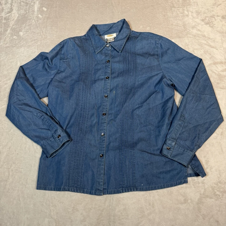 Camisa Talbots Mujer Grande Azul Abotonada Denim Cambray Pintuck Manga Larga Foto 2 de 4