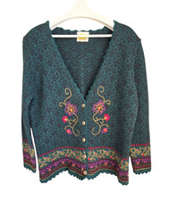 Vtg Susan Bristol Hand Embroidered Wool Cardigan Sweater L Green Decor Button