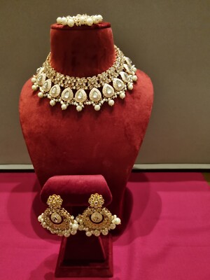 Elegante Bollywood Indianer Gold Hellrosa Halskette Ohrringe Tikka Schmuck Set