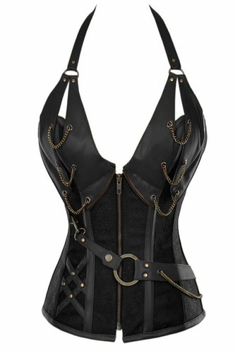CC79 Steampunk Boned Halter Corset Black PU Leather Gothic Halloween Costume Top - Picture 3 of 4