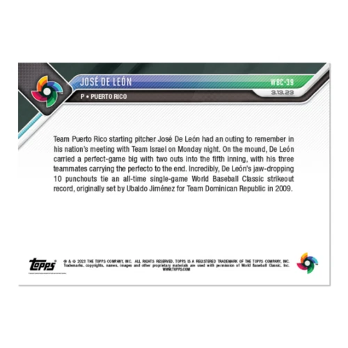 2023 TOPPS NOW 39 ДЖОЗЕФ ДЕ ЛЕОН РЕКОРД МИРОВОЙ БЕЙСБОЛ КЛАССИЧЕСКИЙ ПУЭРТО-РИКО - Изображение 2 из 2