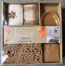Home Harvest 5-Piece Bath Set Rug Soap Pump Dish 2 Towels Maple Leaf NIB