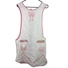 Vintage Embroidered Pinafore Apron Floral Bow White Pink Pockets Cottagecore