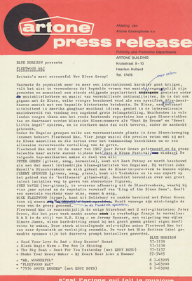 Fleetwood Mac - Artone Press Release - 1968 [Holland] - Press Release