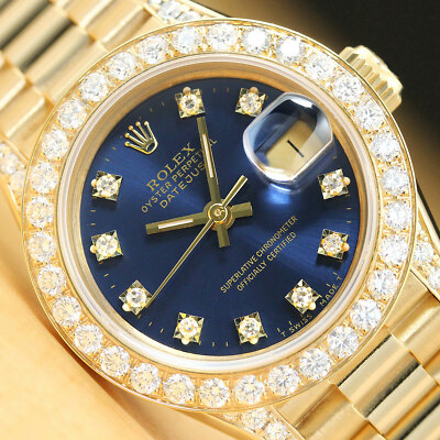 ROLEX LADIES PRESIDENT 18K GOLD FACTORY DIAMOND BLUE DIAL 1.1 CT BEZEL WATCH