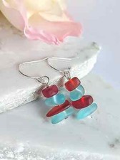 Light Blue  Red Sea Glass Pebble Earrings, Beach Wedding Jewelry Ocean Inspired