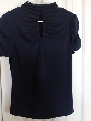 DFA New York Women s Top Size SMALL Navy Blue Button Neck Keyhole Shortsleeve 