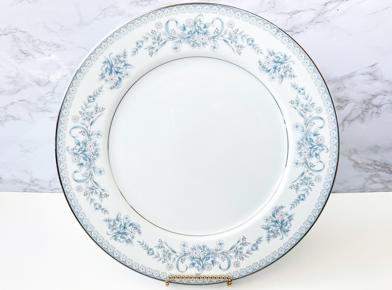 Vintage Mikasa Dresden Rose Chop Plate,Ceramic Blue Florals and Platinum Trim