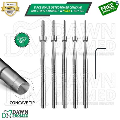 5 Pcs Sinus Lift Osteotomes Concave Adj Stops Straight Set W/FREE L-Key German G