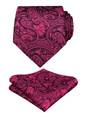 Men's Black Magenta Paisley Necktie and Handkerchief Set for Formal Wedding