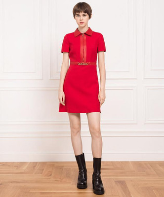 valentino leather collar dress VALENTINO Red Wool/Leather Trim Gold VLOGO Chain Dress 44/US 8