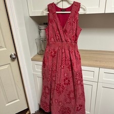 Eddie Bauer Maxi Dress Women M Tall Red Floral Smocked V-Neck Sleeveless Vintage
