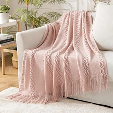 Light Pink Knit Boho Woven Farmhouse Blanket 50"x60"