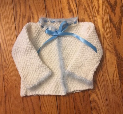 Large Doll Baby or Infant Knit or Crocheted Sweater with Blue Angora Trim