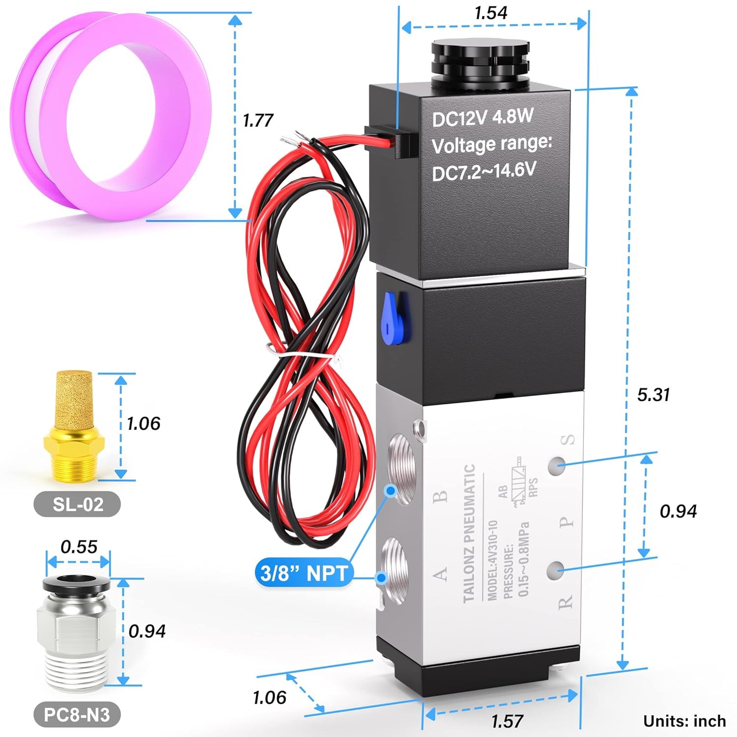 3/8"NPT 12V Solenoid Valve 4V310-10 12V/24V/110V/220V Single Coil Pilot-Opera...