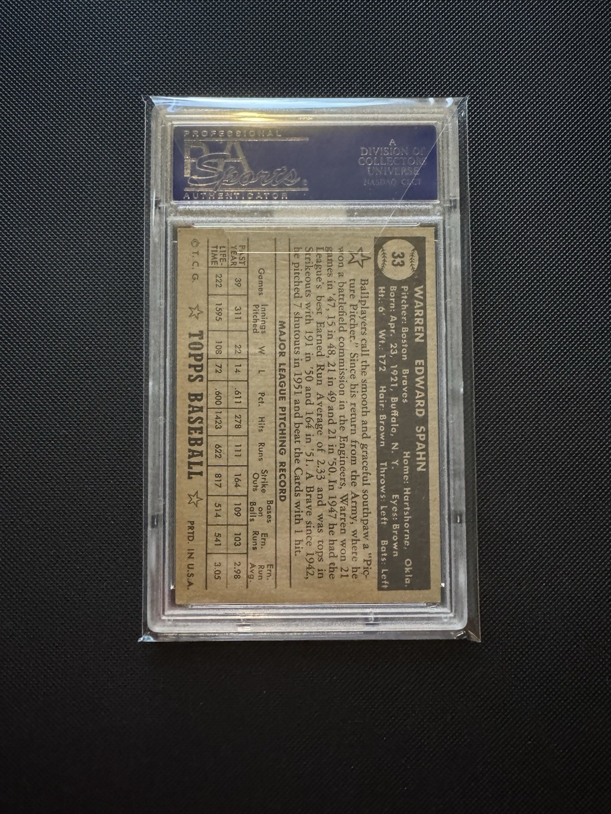Warren Spahn 1952 Topps #33 Black Back PSA 6 view 2