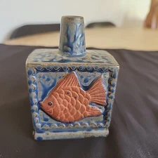 Vintage Japanese Otagiri Style Bud Vase Fish Red Clay Vase Nautical Decor Blue