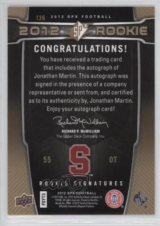2012 SPx Rookie Signatures /225 Jonathan Martin #136 Rookie Auto RC - Image 2 of 2