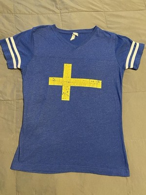 Live And Tell Sweden Tee Shirt Women s Medium Blue With White Arm Stripes