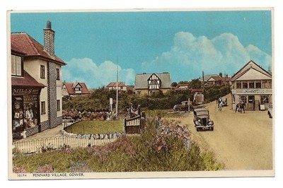 Vintage Pennard Village Gower Postkarte Wales Straßenszene Autos Geschäfte