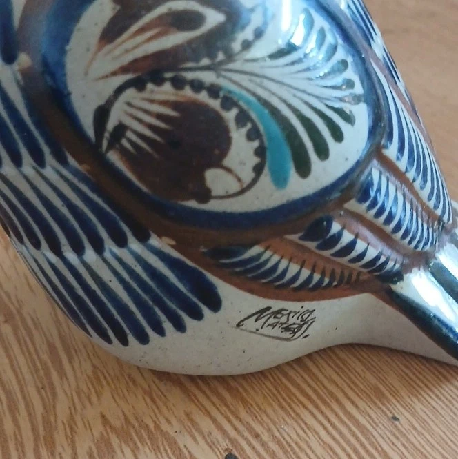 Statuette chouette (oiseau) en céramique émaillée peinte bleu blanc marron - Photo 3/4