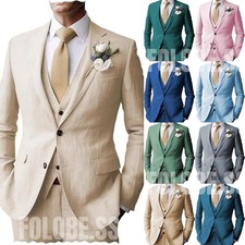 Linen 3Pcs Men's Suits Wedding Groom Blazer Coat Casual Summer Beach Jacket