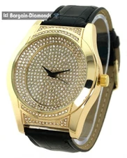 Mens Gold tone CZ Clubbing Watch Gold CZ Bezel/Dial Black Hands Up to  9" Wrist