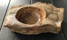 Vintage Mid Century Modern MCM Carved Natural Marble Stone Ashtray Tan Brown