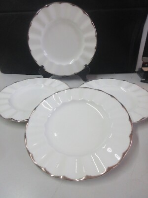 4 MIKASA SILVER MOIRE 8.5'' Salad Plates Ruffled Edge Platinum Trim Bone China