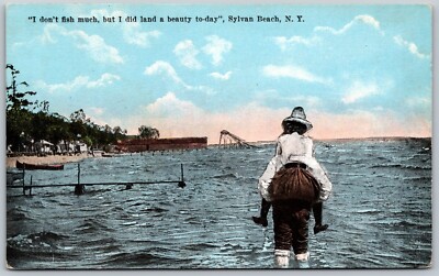 Sylvan Beach NY Fishing Scene Man Carries Woman Through Water VINTAGE Postcard