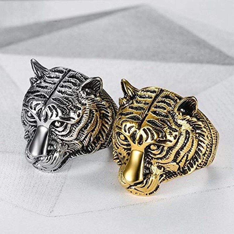 Men's Tiger Head Ring - Stainless Steel Statement Ring For Men (Sizes 7-15, Silver & Gold)