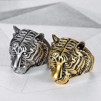 Men's Tiger Head Ring - Stainless Steel Statement Ring For Men (Sizes 7-15, Silver & Gold)
