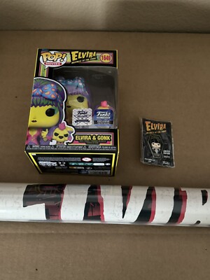 Funko Pop! Elvira Gonk Blacklight Funko Hollywood Exclusive Pin & Poster Bundle