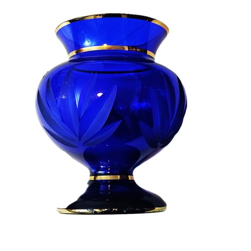 Cobalt Blue Vintage Irena Lead Crystal Engraved Vase - Picture 4 of 6