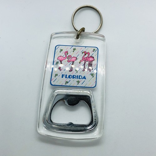 Vintage Florida Souvenir Acryl Flaschenöffner Schlüsselanhänger mit rosa Flamingos