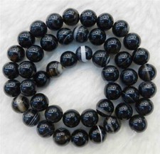 Natural 6/8/10/12mm Black Striped Agate Round Gemstone Loose Beads 15" AAA