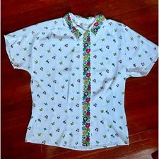 Vintage 90s Laura Jayne White Pink Floral Cottage Collared Button Up Blouse 12