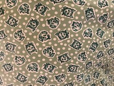 5.1 YDS All Over Cat Cats Polka Dots Fabric Vtg Green and White Retro