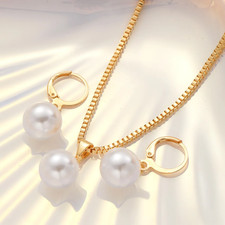 Pearl Jewelry Set Women Necklace Pendant Dangle Earrings Elegant Gift Party