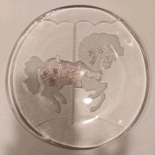 Vintage Glass Platter Frosted Etched Carousel Horse w Pink Iridescent Saddle 13"