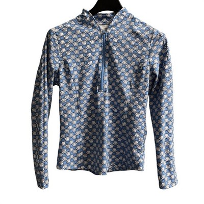 Sigrid Olsen Pullover Top Rashgaurd Blue Floral 1/4 Zip Size L UPF 50 Vacation
