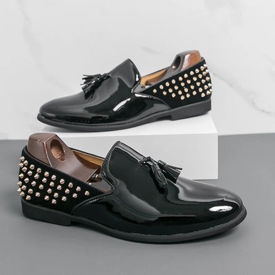 Men's Patent Tassel Loafers Studded Heel Comfortable Slip-On Party Dress Shoes